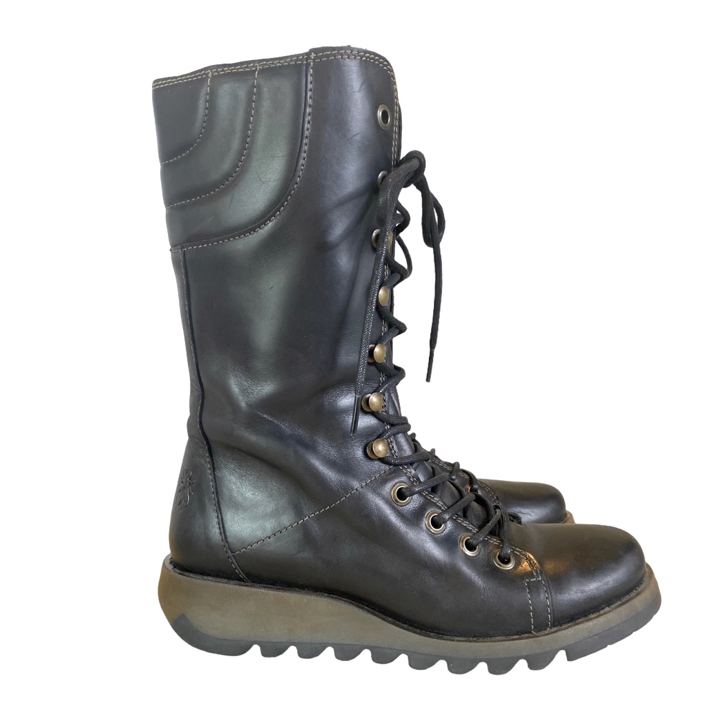 Fly London Ster 768fly Women's Mid Calf Leather Lug Wedge Lace Up Bootssz 8.5